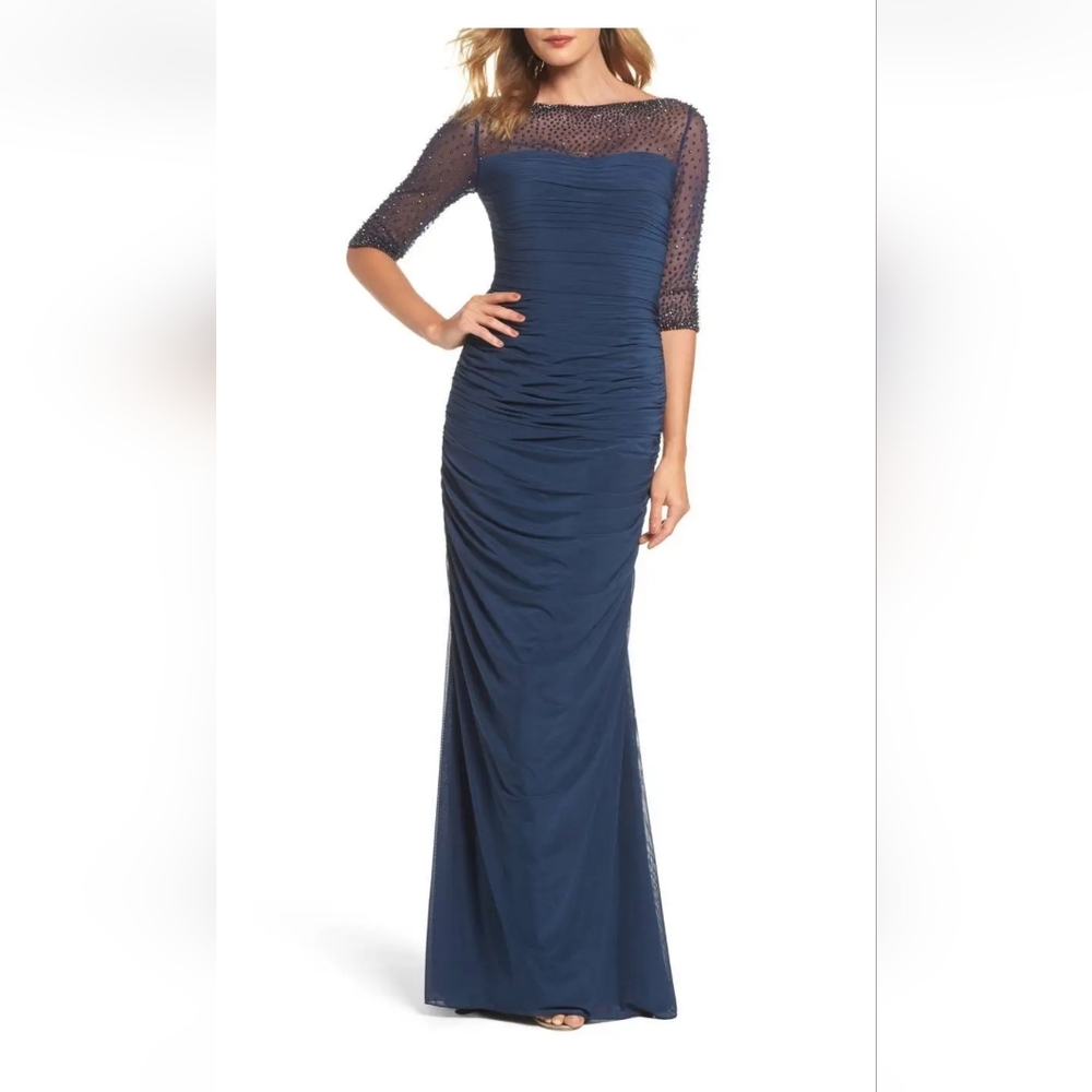 LA FEMME Navy Blue Mesh Ruched Bead Embellished 3/4 Sleeve Stretch Jersey Gown 4